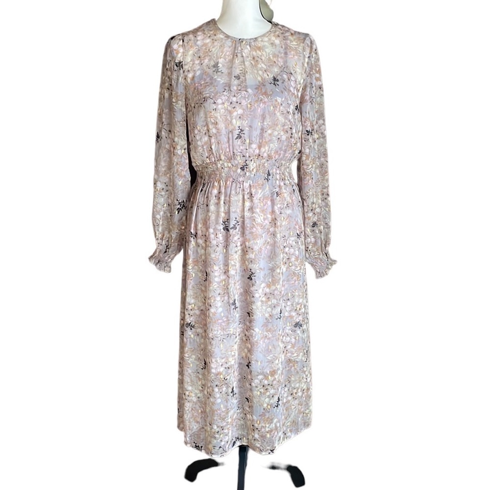 Bishop + Young Gold Floral Sheer Dress M
